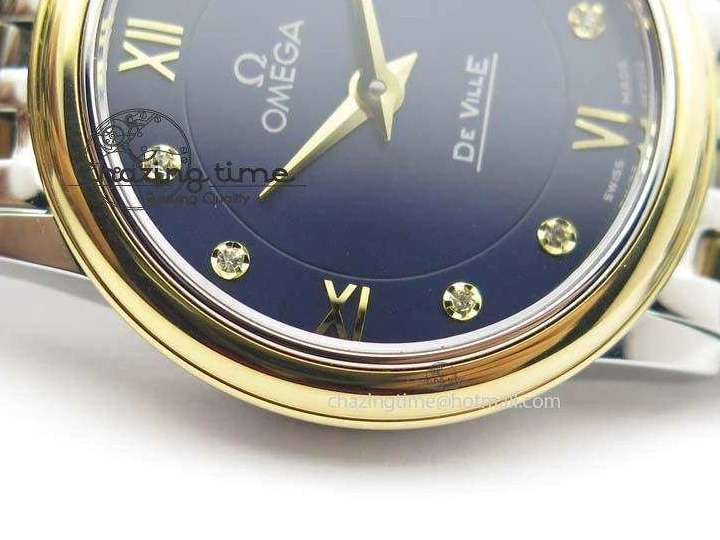 0124 HighQuality De Ville 27mm SS YG Ladies MK 1:1 Best Edition Blue Dial Diamond Markers On SS Bracelet Ronda Quartz 8186